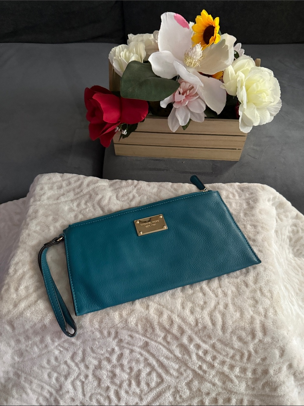 Michael Kors Teal Leather Wristlet Clutch with Gold Plate